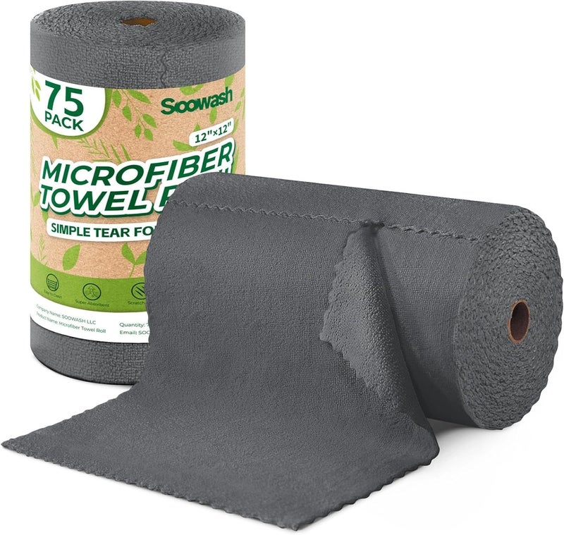 SOOWASH Microfiber Cleaning Cloths Roll, 75 Pack Tear Away Microfiber Towels Roll, 12" x 12" Lint Free Rags, Reusable Cleaning Cloths, Washable, Scratch Free,Ultra Absorbent Dish Rags(Dark Grey) - Image 1